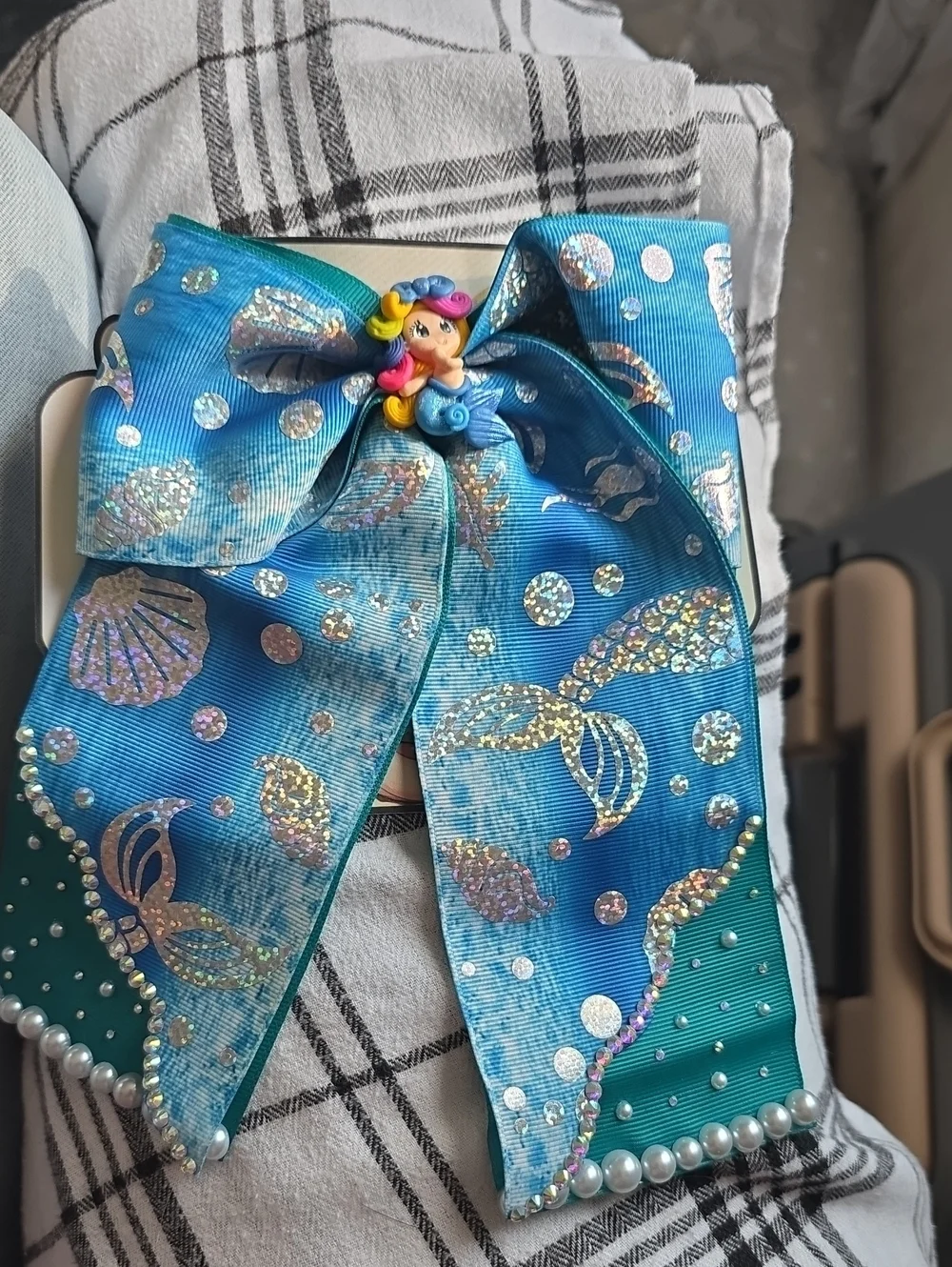 Blue Mermaid Kids Hair Bow with Pearl Accents